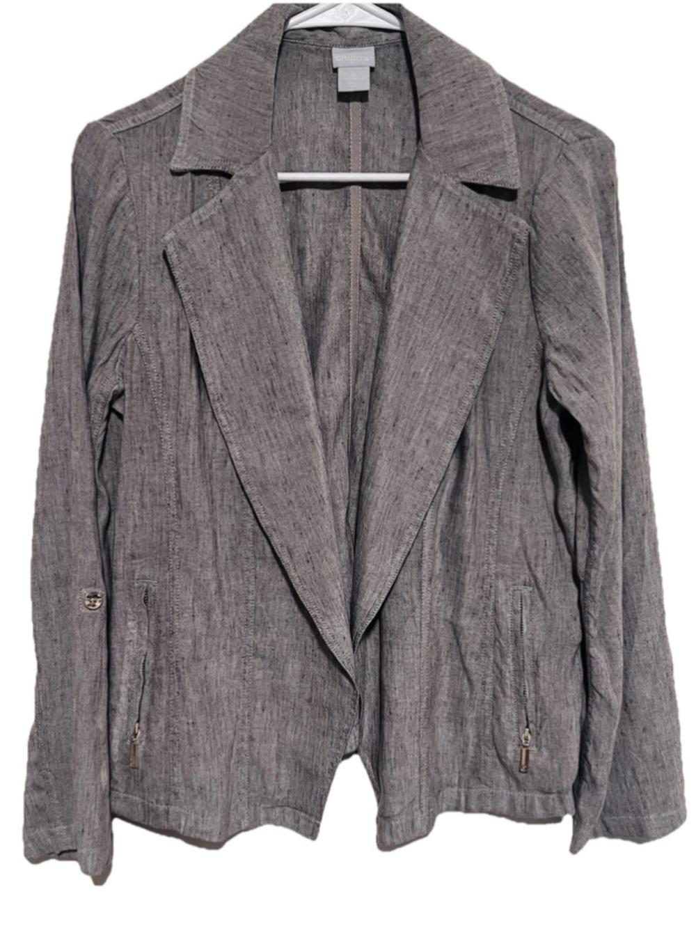 Chicos Linen Blend Blazer Jacket Small 0 Gray Stretch Lightweight Gold Accents